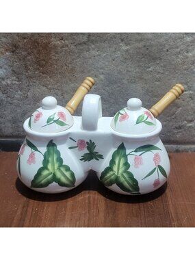 Dual Condiment Jam Jelly Ceramic Pot Designpac Hand Painted Berries 2 Spoons